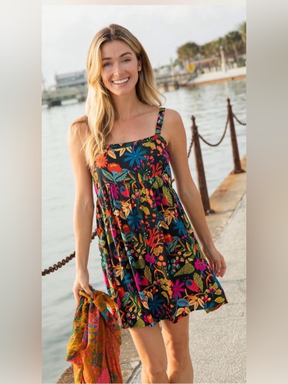Natural Life Patti Floral Mini Dress Black Rayon Boho Empire Waist Medium